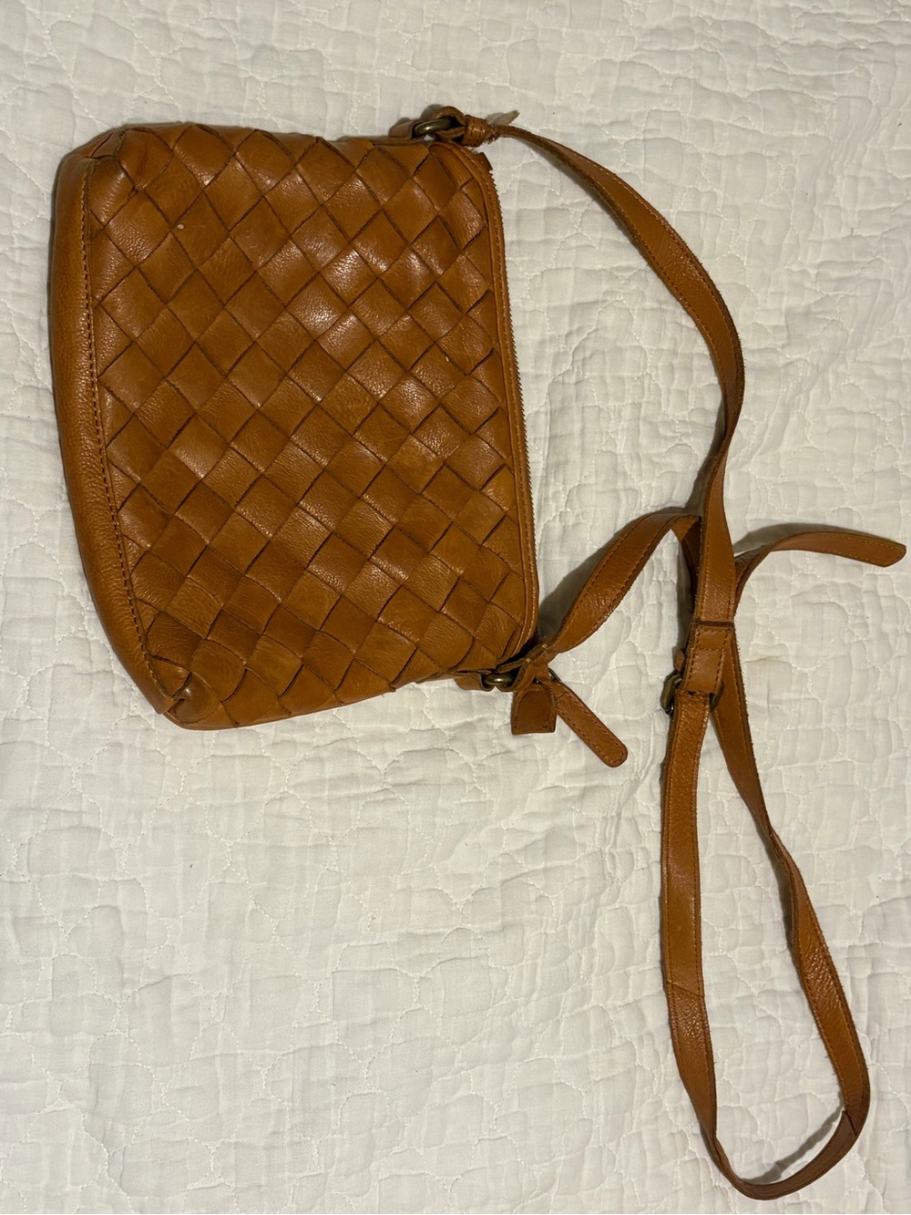 Margot NY Leather Woven Crossbody Bag in Cognac Brown